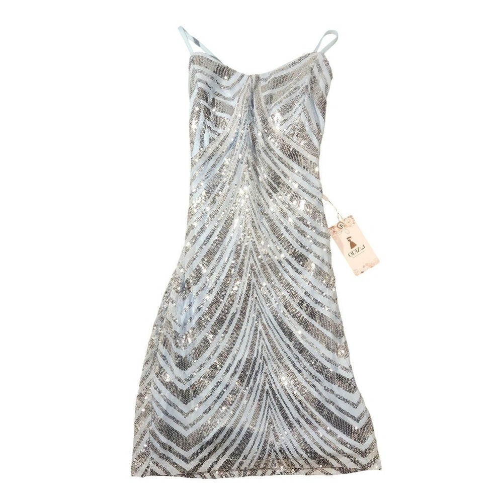 ODIZLI Dress Womens XS‎ Blue Sequin Chevron Bodycon Mini Mermaid Party Cocktail